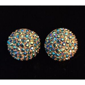 Vintage Gold Tone Blue Green Rhinestone Round Shoe Clips Black Tie Night Out